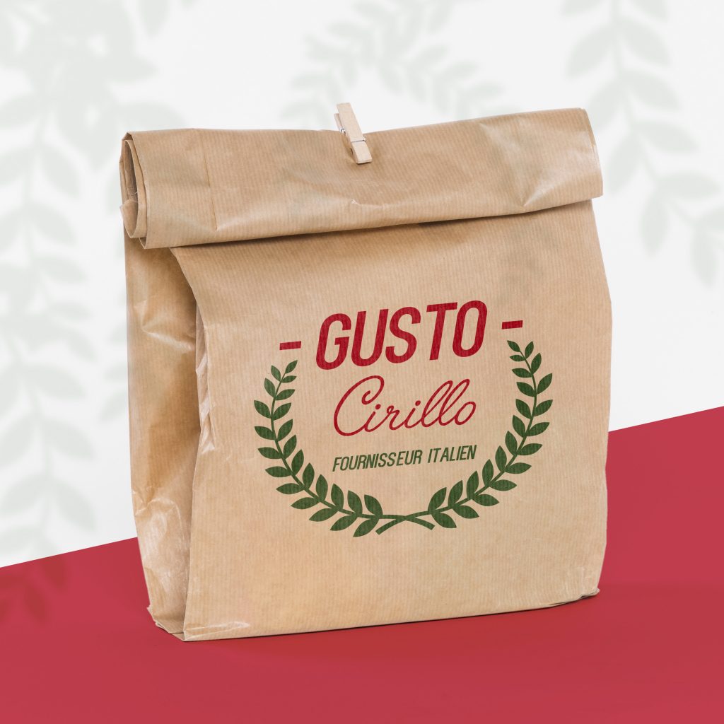 Packaging pour Gusto Cirillo, traiteur italien. Logo crée par Cécotine, graphiste freelance.